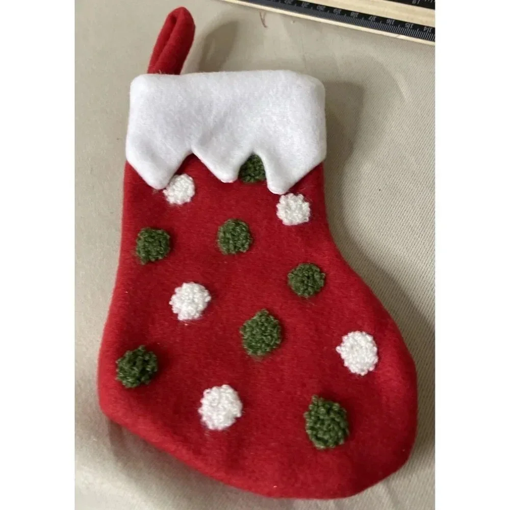 Christmas Holiday‎ Green White Polka Dot Small Winter Red Stocking NEW 6 Inch
